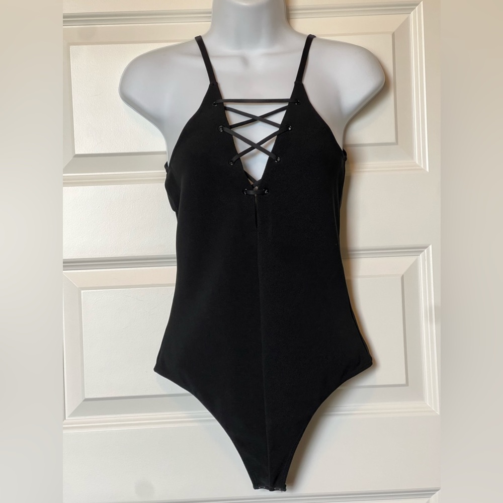 EXPRESS Lace Up Criss Cross Sleeveless Stretchy Black Bodysuit